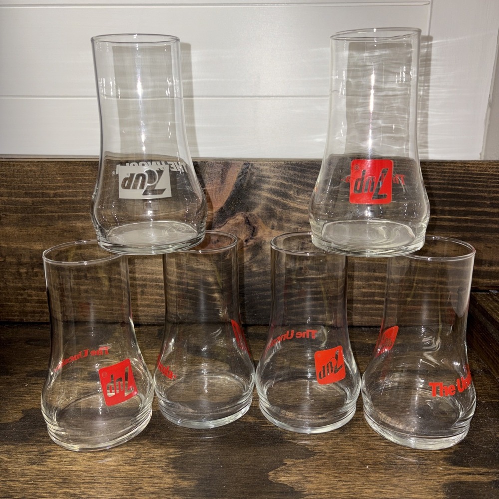 Vintage 7Up The Uncola Upside Down 16 Oz Glasses. Set Of 6